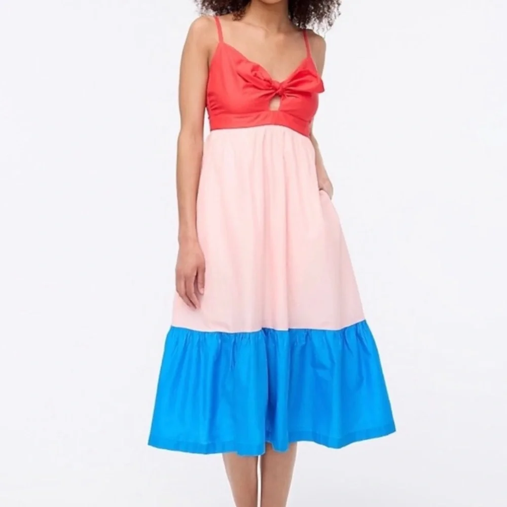 NEW J. Crew Red Blue Colorblock Bow Detail Tie-front Cutout Cotton Midi Dress
